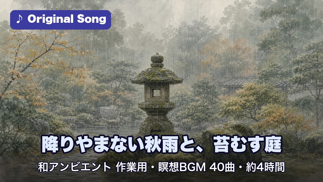 降りやまない秋雨と、苔むす庭 和アンビエント