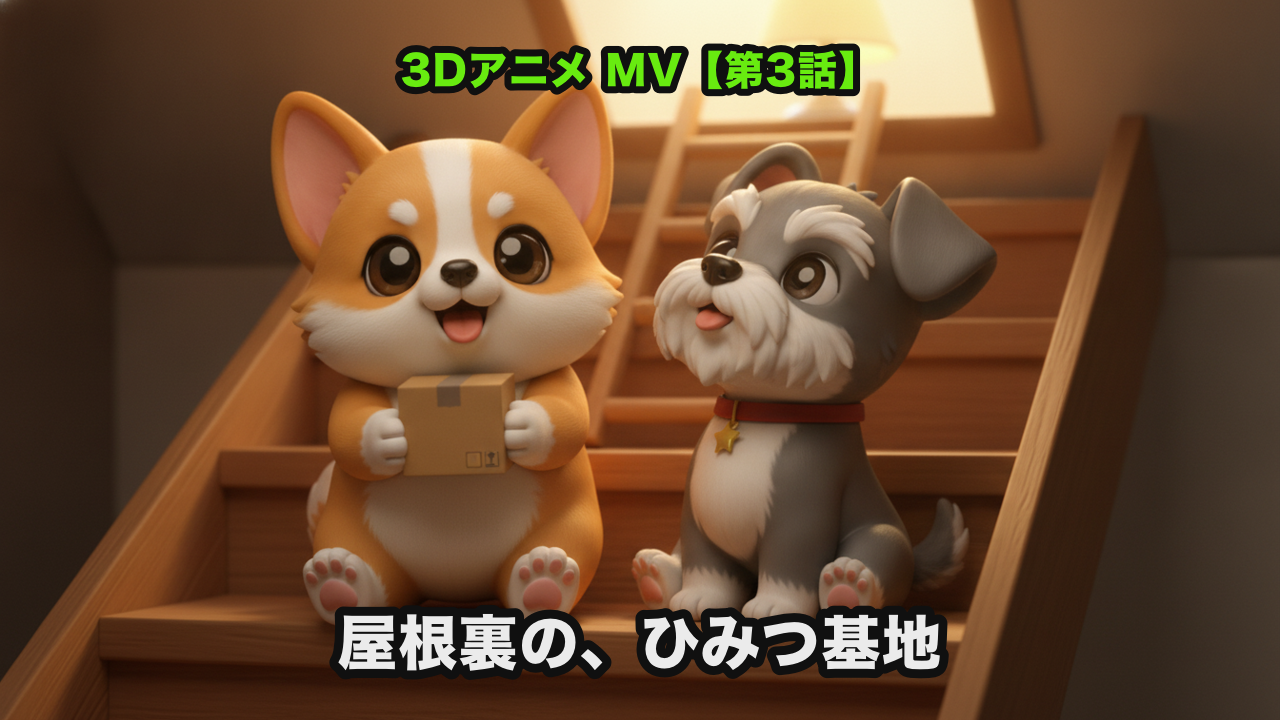 屋根裏の、ひみつ基地 Kling 3DアニメMV コーギーとシュナウザー